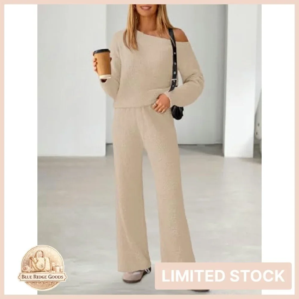 Fuzzy Fleece Off Shoulder Pajama Set Chic Loungewear Wide Leg Pants